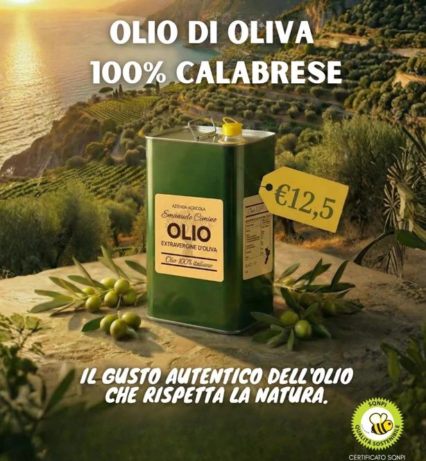 Latta verde di extravergine Emanuele Cimino con cartellino €12,5, olive e uliveti sul mare al tramonto
